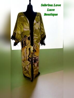 Exotic Tiger Print Fleece Green & Gold Feather Trim Maxi Coat Sweater